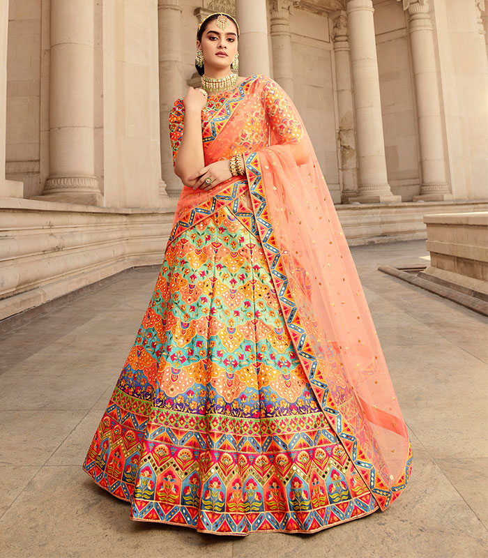 Pink and Multi Colored Georgette Lucknowi Worked Lehenga with Sequins