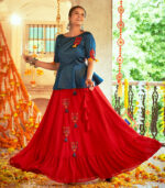 Teal Blue & Red Gajji Silk Navratri Top & Skirt
