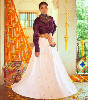 Purple & White Gajji Silk Navratri Top & Skirt