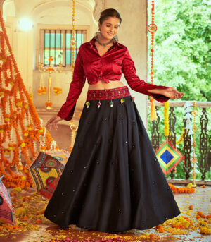 Maroon & Black Gajji Silk Navratri Top & Skirt