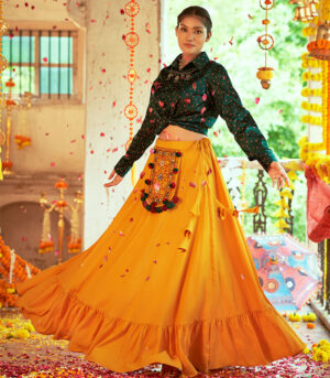 Green & Mustered Yellow Gajji Silk Navratri Top & Skirt