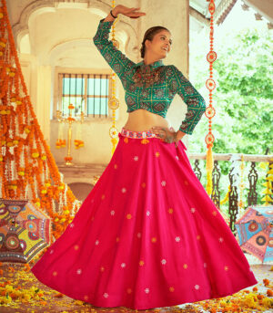 Green & Pink Gajji Silk Navratri Top & Skirt