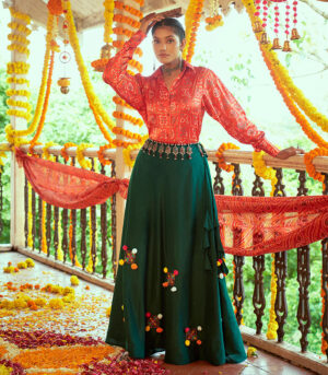 Tomato Red & Green Gajji Silk Navratri Top & Skirt