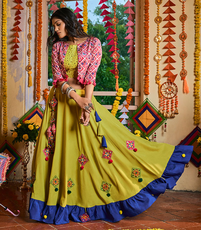 Fluorescent Green Thread Embroidered Navratri Lehenga Chaniya Choli Zakarto