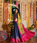 Pink & Navy Blue Thread Embroidered Navratri Lehenga Chaniya Choli