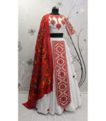 White Thread Embroidered & Pompom Pasting Work Navratri Lehenga Chaniya Choli