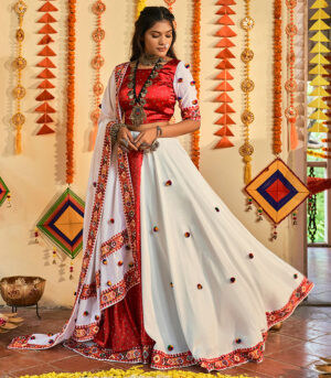 White & Red Thread Embroidered Pasting Added Print Work Navratri Lehenga Chaniya Choli