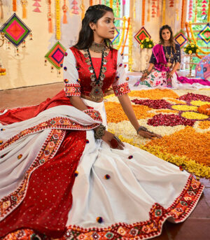 White & Red Thread Embroidered Pasting Added Print Work Navratri Lehenga Chaniya Choli