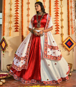 White & Red Thread Embroidered Pasting Added Print Work Navratri Lehenga Chaniya Choli