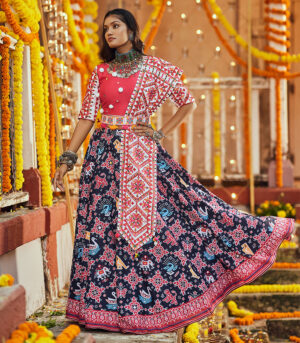 Black Digital Printed & mirror work Navratri Lehenga Chaniya Choli