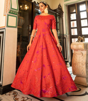 Orange Shibori Print With Sequence Embroidered Anarkali Long Gown