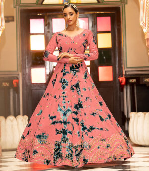 Peach Shibori Print With Sequence Embroidered Anarkali Long Gown