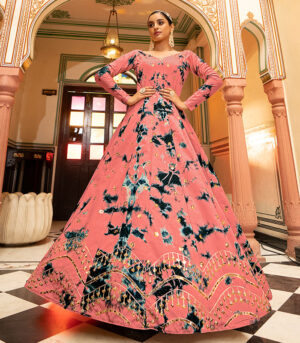 Peach Shibori Print With Sequence Embroidered Anarkali Long Gown
