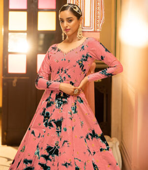 Peach Shibori Print With Sequence Embroidered Anarkali Long Gown