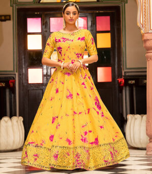 Yellow Shibori Print With Sequence Embroidered Anarkali Long Gown