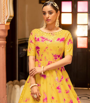 Yellow Shibori Print With Sequence Embroidered Anarkali Long Gown