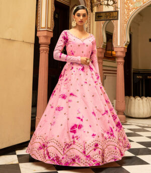 Pink Shibori Print With Sequence Embroidered Anarkali Long Gown