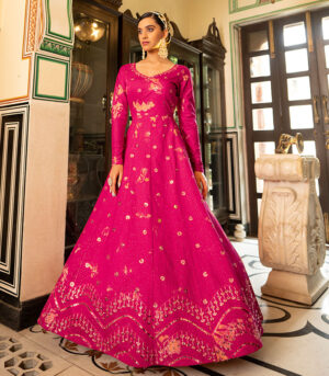 Rani Shibori Print With Sequence Embroidered Anarkali Long Gown