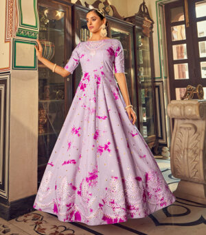 Purple Shibori Print With Sequence Embroidered Anarkali Long Gown
