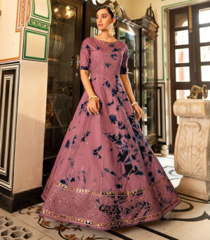 Dusty Shibori Print With Sequence Embroidered Anarkali Long Gown