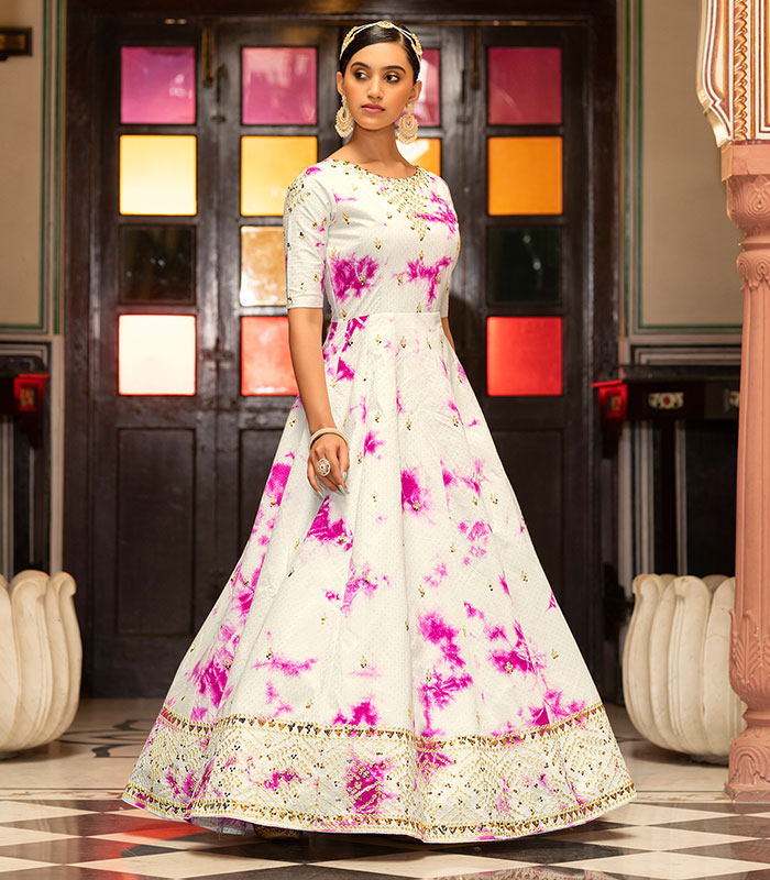 White Shibori Print With Sequince Embroidered Anarkali Long Gown