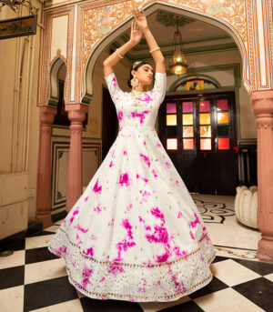 White Shibori Print With Sequence Embroidered Anarkali Long Gown