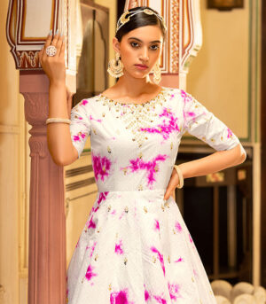 White Shibori Print With Sequence Embroidered Anarkali Long Gown