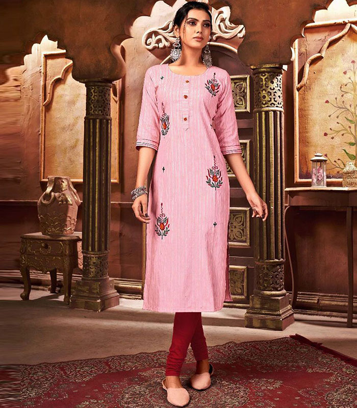 fcity.in - Women Embroidered South Cotton Kurti Solid Pink Coloured / Diya