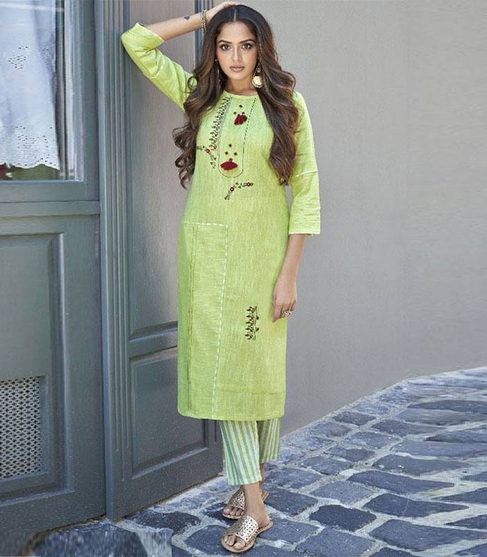 Light Green Color Linen Casual Party Readymade Kurti