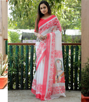 Exclusive Pure Linen White Navratri Saree