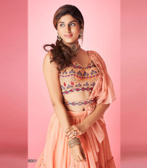 Peach Handwork & Thread Embroidered Chiffon Semi Stitched Lehenga