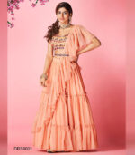 Peach Handwork & Thread Embroidered Chiffon Semi Stitched Lehenga