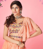 Peach Handwork & Thread Embroidered Chiffon Semi Stitched Lehenga