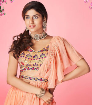 Peach Handwork & Thread Embroidered Chiffon Semi Stitched Lehenga