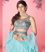 Sky Blue Handwork & Thread Embroidered Chiffon Semi Stitched Lehenga