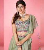 Olive Green Handwork & Thread Embroidered Chiffon Semi Stitched Lehenga