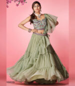 Olive Green Handwork & Thread Embroidered Chiffon Semi Stitched Lehenga