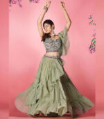 Olive Green Handwork & Thread Embroidered Chiffon Semi Stitched Lehenga