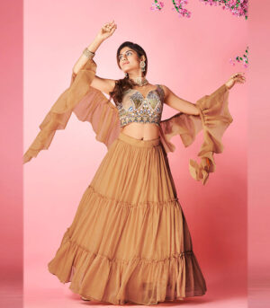 Orange Handwork & Thread Embroidered Chiffon Semi Stitched Lehenga