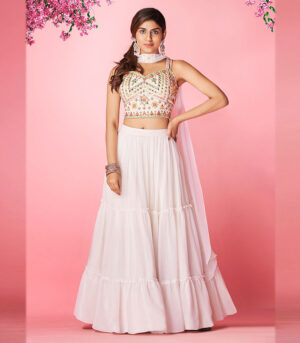 White Handwork & Thread Embroidered Georgette Semi Stitched Lehenga