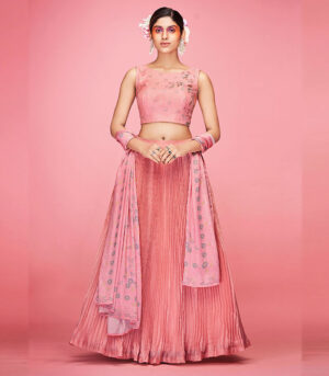 Peach Crush Hand Work & Thread Embroidered Art Silk Semi Stitched Lehenga