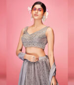 Grey Crush Hand Work & Thread Embroidered Art Silk Semi Stitched Lehenga