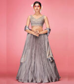 Grey Crush Hand Work & Thread Embroidered Art Silk Semi Stitched Lehenga