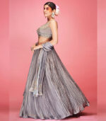 Grey Crush Hand Work & Thread Embroidered Art Silk Semi Stitched Lehenga