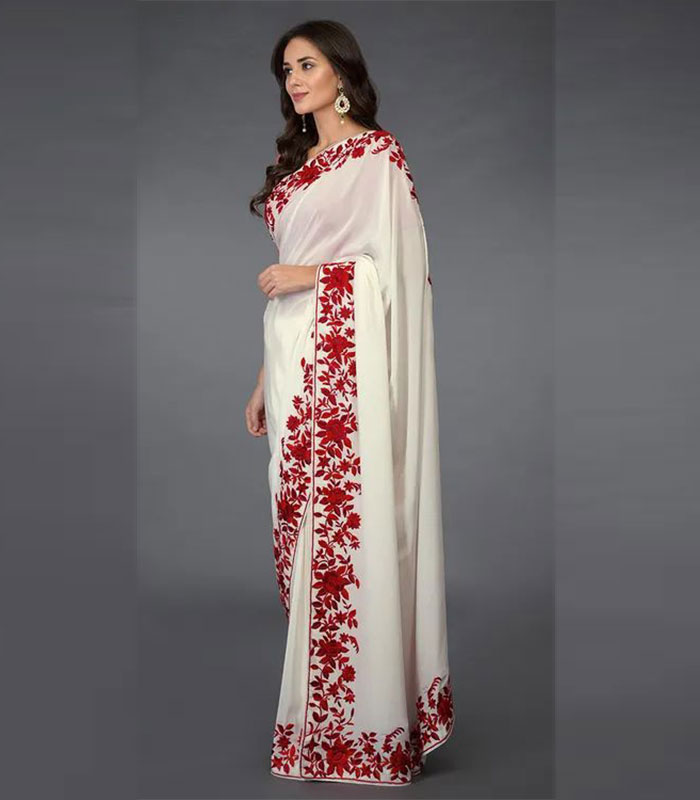 Red Lace White Georgette Full Flower Jaal Embroidery Bollywood Saree ...