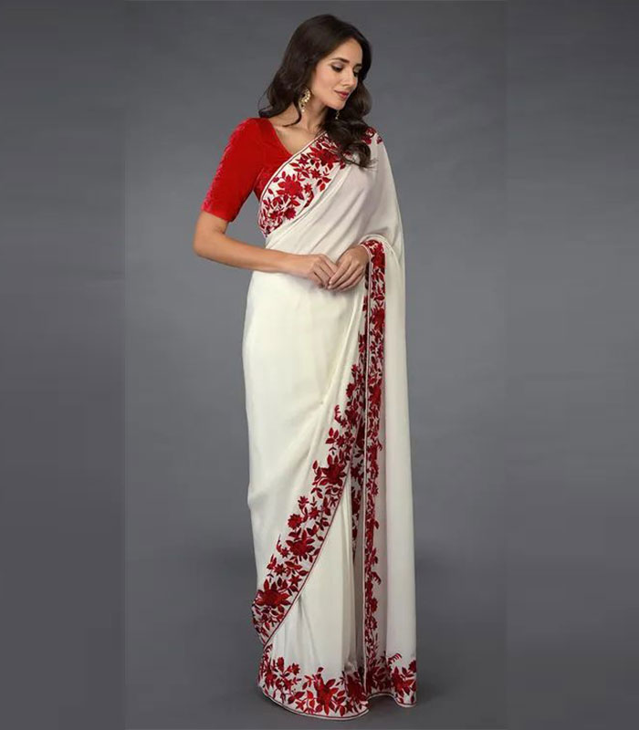 Red Lace White Georgette Full Flower Jaal Embroidery Bollywood Saree ...