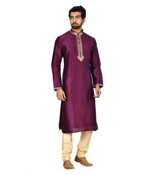 Purple Silk Wedding Wear Kurta Pyjama