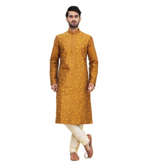 Mustard Silk Reception Wear Kurta Pyjama