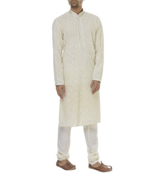 Cream Cotton Party Wear Kurta Pyjama