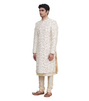 Off White Silk Brocade Ethnic Wear Sherwani